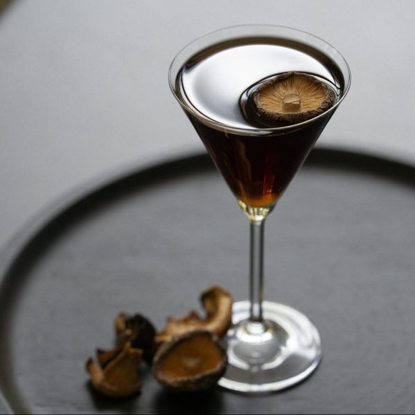 Photo of a Dirty Martini utilizing mushroom instead of olives.