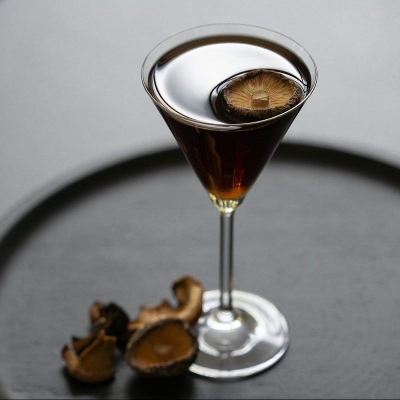 Photo of a Dirty Martini utilizing mushroom instead of olives.