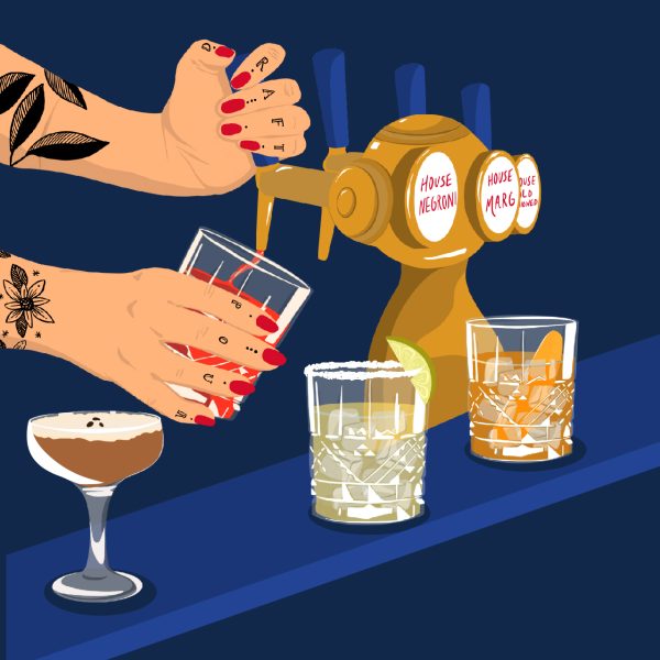 illustration of a tattooed bartender pulling a draft cocktail.